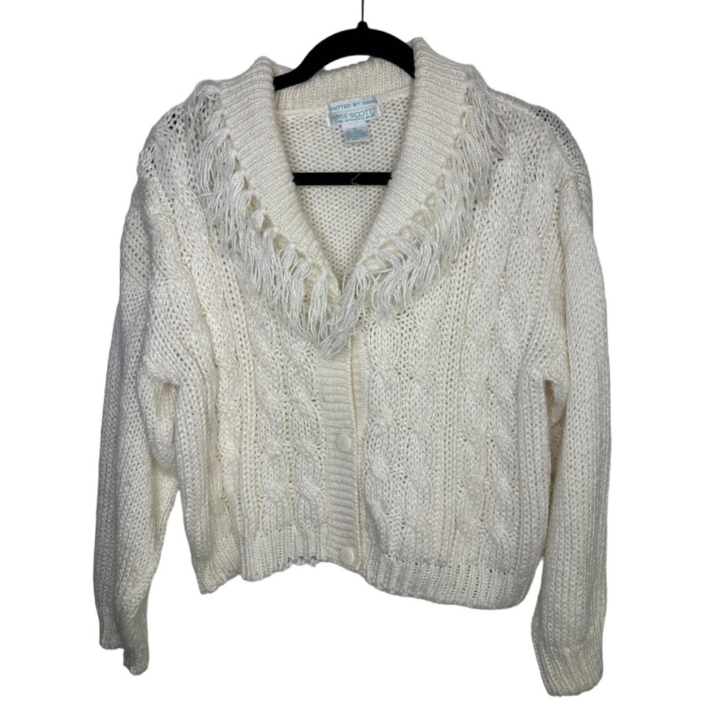 Jamie Scott Knitted By Hand Ramie Cream Fringe Buttoned Cardigan Medium Flaw